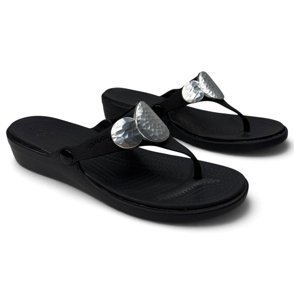 Crocs Sanrah Embellished Wedge Flip Sandals Black Silver Women's 10
